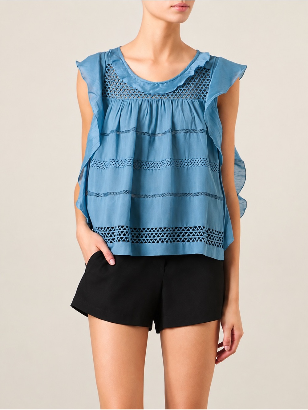 Isabel Marant Etoile Clara Top Blue Eyelet Ruffle Boho Preppy Womens 6